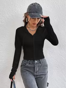 SHEIN EZwear 素色拉鏈開襟抽繩連帽衫 - 黑色 - 查看 3