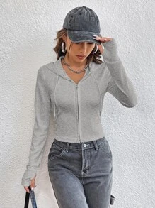 SHEIN EZwear Quần áo thể thao nữ Dây kéo màu trơn Giải trí - Xám - Xem 4