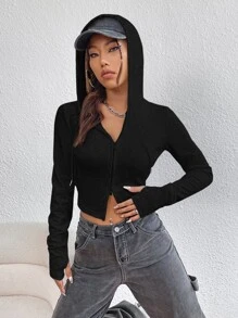 SHEIN EZwear 素色拉鏈開襟抽繩連帽衫 - 黑色 - 查看 4