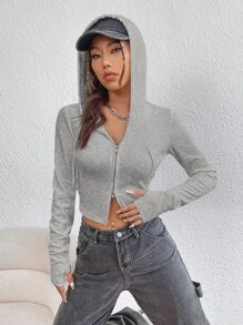 SHEIN EZwear Quần áo thể thao nữ Dây kéo màu trơn Giải trí - Xám - Xem 5