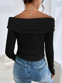 Firerie 一字肩折疊褶邊修身T恤 - 黑色 - 查看 2