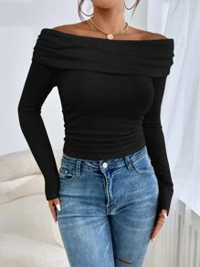 Firerie 一字肩折疊褶邊修身T恤 - 黑色 - 查看 5