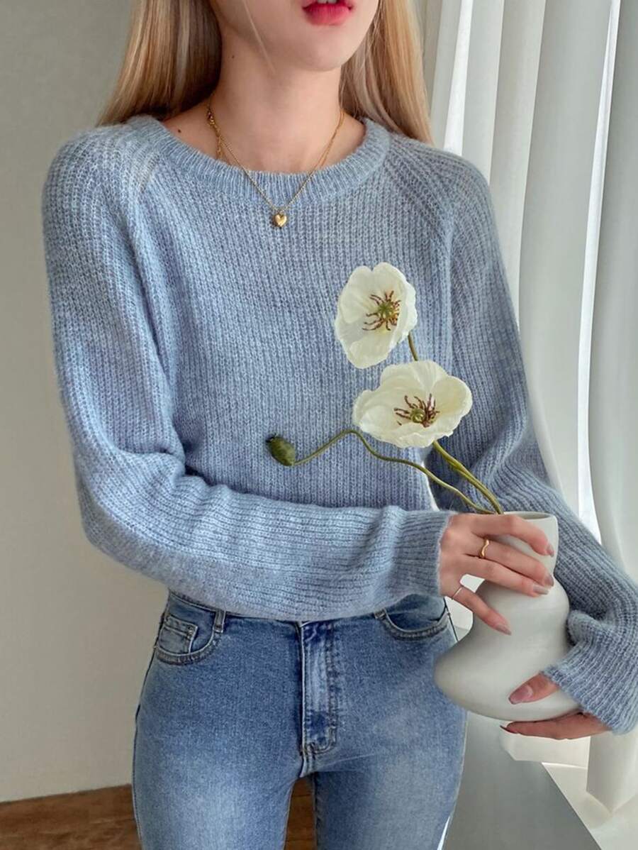 DAZY Solid Raglan Sleeve Jumper - Blue - View 1