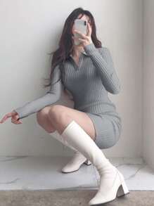 DAZY Solid Ribbed Knit Bodycon Jumper Dress - Grey - View 2