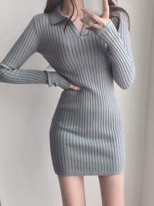 DAZY Solid Ribbed Knit Bodycon Jumper Dress - Grey - View 4