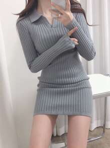DAZY Solid Ribbed Knit Bodycon Jumper Dress - Grey - View 5