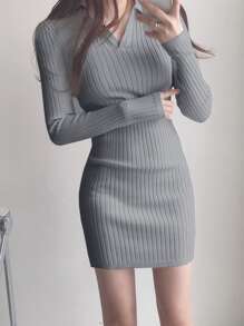 DAZY Solid Ribbed Knit Bodycon Jumper Dress - Grey - View 6