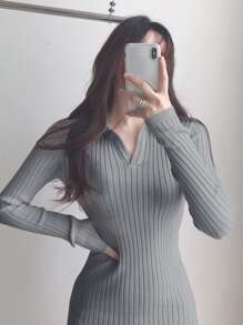 DAZY Solid Ribbed Knit Bodycon Jumper Dress - Grey - View 8