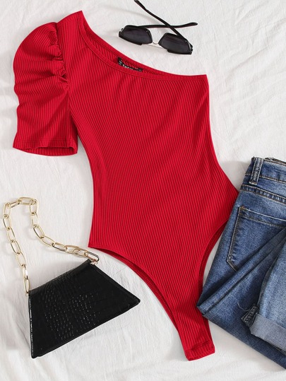 SHEIN Privé One Shoulder Puff Sleeve Red Bodysuit