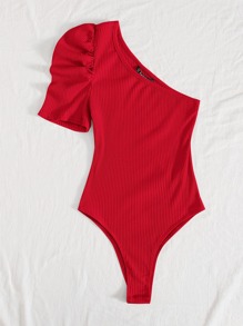 SHEIN Privé One Shoulder Puff Sleeve Red Bodysuit - Red - View 3