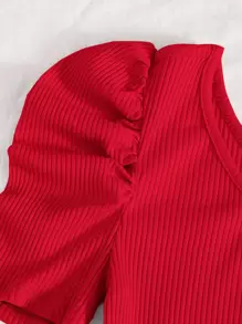 SHEIN Privé One Shoulder Puff Sleeve Red Bodysuit - Red - View 5