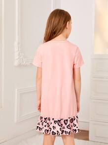 Girls Heart Print Bow Front Ruffle Hem Tee Dress - Baby Pink - View 2