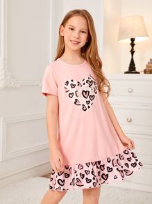 Girls Heart Print Bow Front Ruffle Hem Tee Dress - Baby Pink - View 3