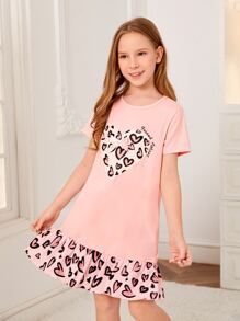 Girls Heart Print Bow Front Ruffle Hem Tee Dress - Baby Pink - View 4