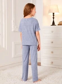 Chicas Conjunto de pijama pantalones con camiseta tejido de canalé - Neblina azul - Ver 2