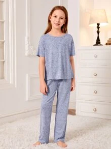 Chicas Conjunto de pijama pantalones con camiseta tejido de canalé - Neblina azul - Ver 3