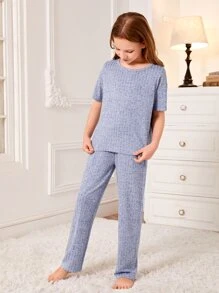 Chicas Conjunto de pijama pantalones con camiseta tejido de canalé - Neblina azul - Ver 4