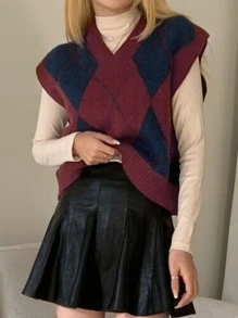 DAZY Argyle Pattern V Neck Sweater Vest Without Tee - Red - View 7