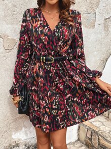 SHEIN Frenchy 滿版印花燈籠袖連衣裙不附腰帶 - 彩色 - 查看 1