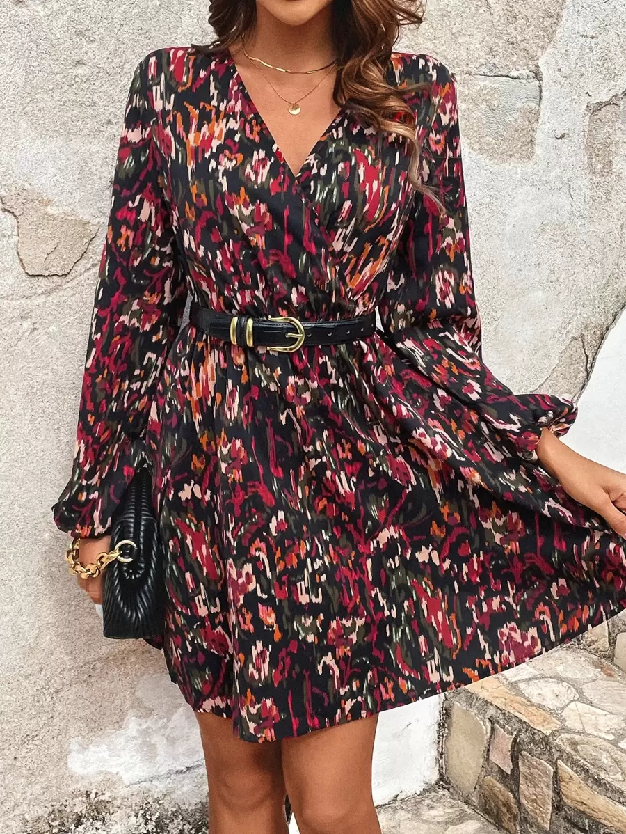 SHEIN Frenchy 滿版印花燈籠袖連衣裙不附腰帶 - 彩色 - 查看 1