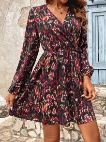 SHEIN Frenchy 滿版印花燈籠袖連衣裙不附腰帶 - 彩色 - 查看 3