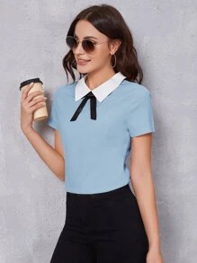 SHEIN Privé 前蝴蝶結彼得潘領上衣 - 淺藍色 - 查看 1