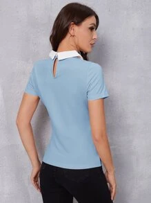 SHEIN Privé 前蝴蝶結彼得潘領上衣 - 淺藍色 - 查看 2