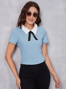 SHEIN Privé 前蝴蝶結彼得潘領上衣 - 淺藍色 - 查看 3