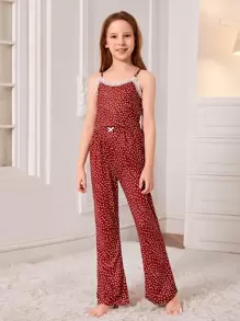 Girls Polka Dot Lace Trimed PJ Set - Burgundy - View 1
