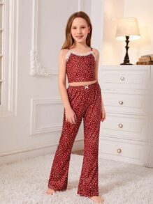 Girls Polka Dot Lace Trimed PJ Set - Burgundy - View 3