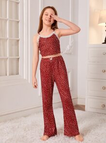 Girls Polka Dot Lace Trimed PJ Set - Burgundy - View 4