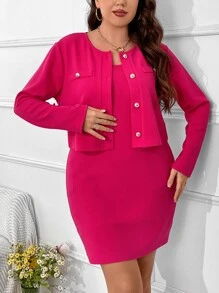 SHEIN Privé Bộ thời trang Plus Size Nút phía trước màu trơn Thanh lịch - Màu Hồng Tươi - Xem 3