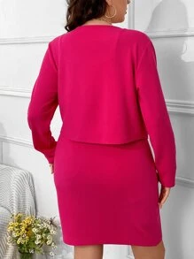 SHEIN Privé Bộ thời trang Plus Size Nút phía trước màu trơn Thanh lịch - Màu Hồng Tươi - Xem 2