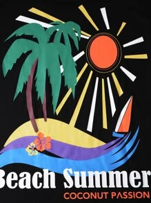 Manfinity Chillmode Men Sun & Slogan Graphic Drop Shoulder Oversized Tee - Black - View 5