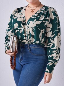 SHEIN Clasi Plus Floral Print Surplice Neck Bodysuit - Dark Green - View 3