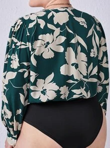 SHEIN Clasi Plus Floral Print Surplice Neck Bodysuit - Dark Green - View 4