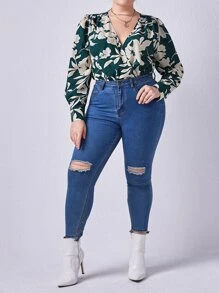 SHEIN Clasi Plus Floral Print Surplice Neck Bodysuit - Dark Green - View 5