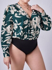 SHEIN Clasi Plus Floral Print Surplice Neck Bodysuit - Dark Green - View 2