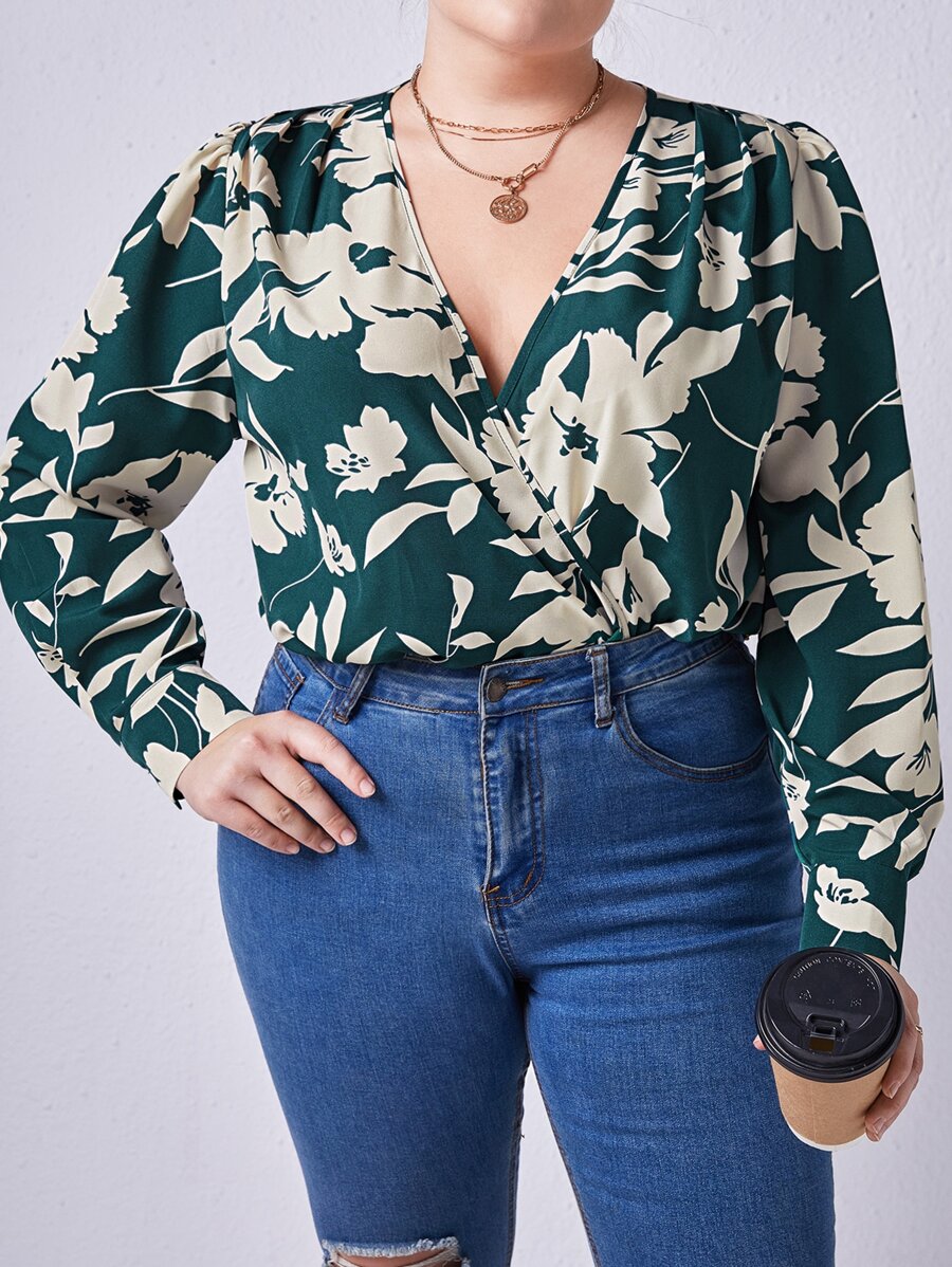 SHEIN Clasi Plus Floral Print Surplice Neck Bodysuit - Dark Green - View 1