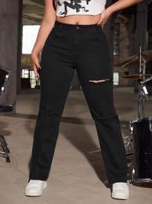 SHEIN ICON 大碼破洞牛仔喇叭褲 - 黑色 - 查看 4