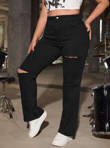 SHEIN ICON 大碼破洞牛仔喇叭褲 - 黑色 - 查看 5