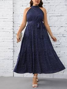 SHEIN Clasi Vestido halter de lunares bajo con fruncido con cinturón - Azul Marino - Ver 1
