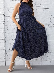 SHEIN Clasi Vestido halter de lunares bajo con fruncido con cinturón - Azul Marino - Ver 4