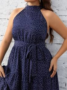 SHEIN Clasi Vestido halter de lunares bajo con fruncido con cinturón - Azul Marino - Ver 5