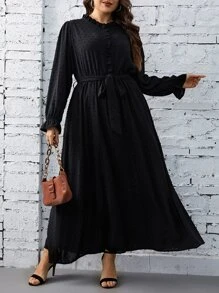 SHEIN Privé Đầm Plus Size Thắt lưng viền lá sen Xù màu trơn Thanh lịch - màu đen - Xem 1