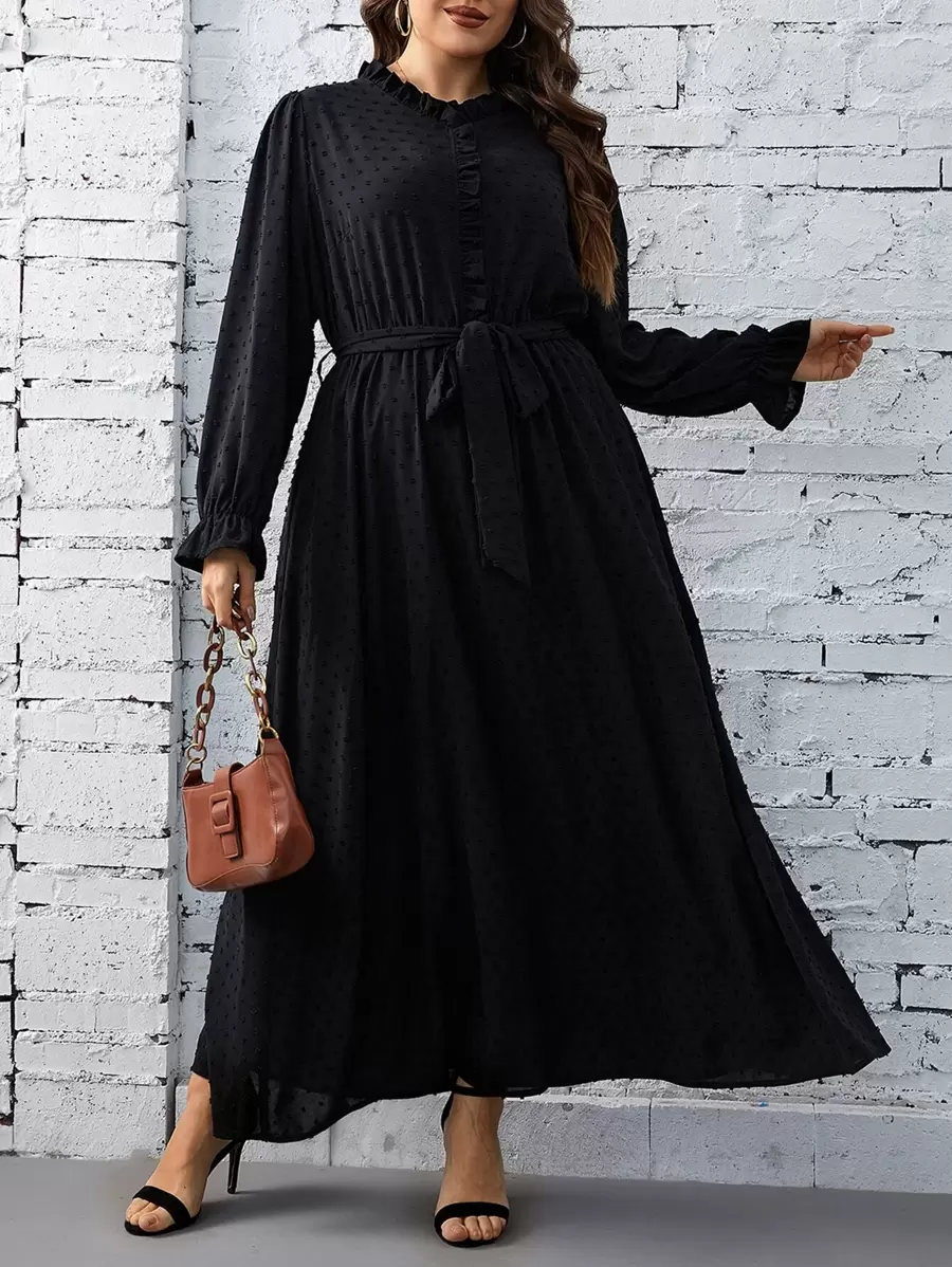 SHEIN Privé Đầm Plus Size Thắt lưng viền lá sen Xù màu trơn Thanh lịch - màu đen - Xem 1