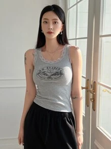 DAZY 老鷹及字母圖案花邊背心 - 淺灰色 - 查看 3