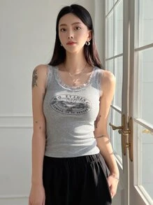 DAZY 老鷹及字母圖案花邊背心 - 淺灰色 - 查看 4