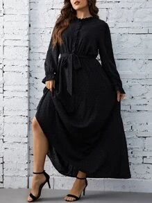 SHEIN Privé Đầm Plus Size Thắt lưng viền lá sen Xù màu trơn Thanh lịch - màu đen - Xem 3