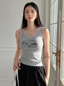 DAZY 老鷹及字母圖案花邊背心 - 淺灰色 - 查看 5